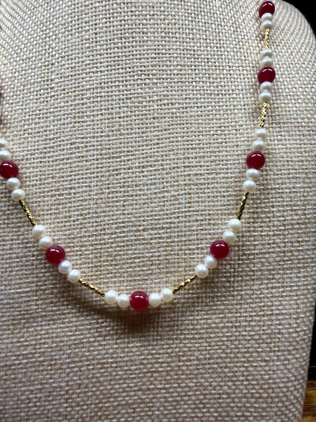 Ruby w/ Natueal cultured Pearl Necklace 925 Solid Sterling Silver Gold Plated