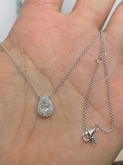 Real Moissanite 1Ct Round Cut Teardrop Pendant 14K White Gold Plated Silver 18′