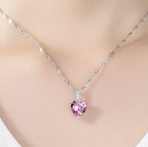2Ct Heart Cut Lab-Created Pink Sapphire Solitaire Pendant 14K White Gold Plated