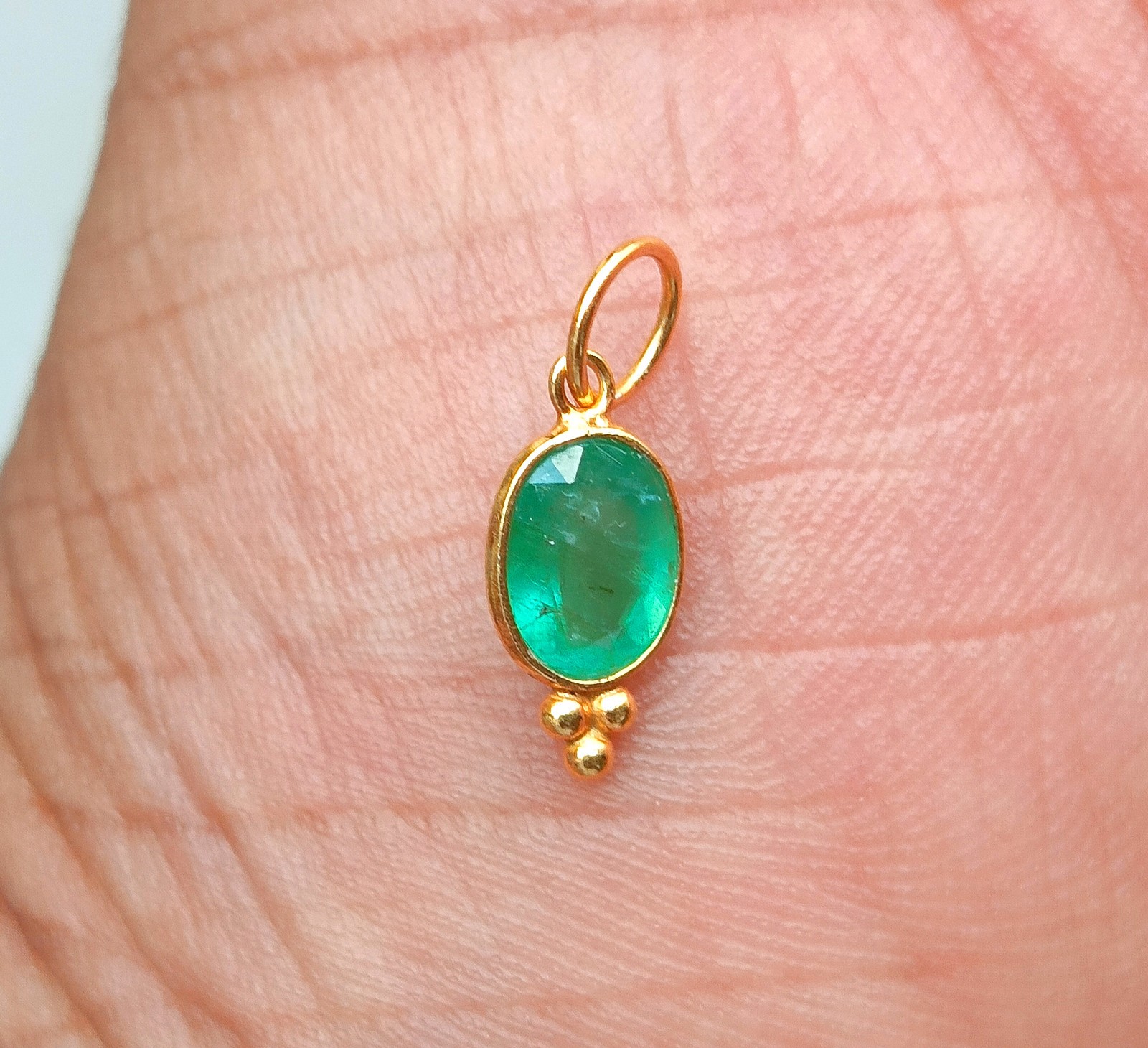 Natural Emerald Gold charm necklace ,18k Yellow Gold Charm, Handmade Jewelry