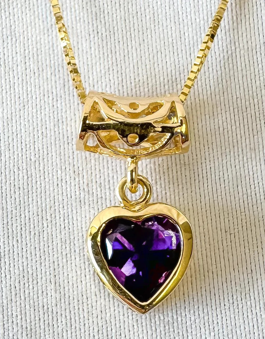 14K Yellow Gold Aurafin Italy Amethyst Heart Pendant 18″ Box Chain Necklace
