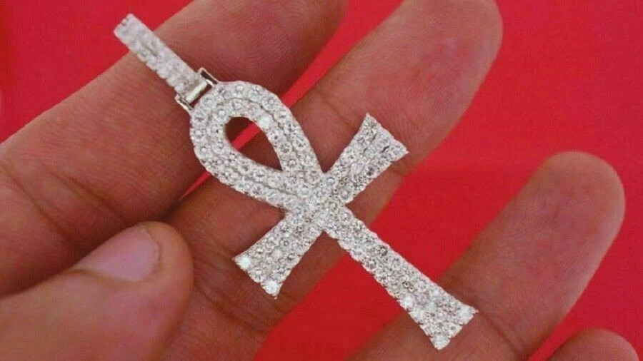14k White Gold Over 3Ct Round Cut VVS1 Diamond Ankh Cross Pendant Without Chain