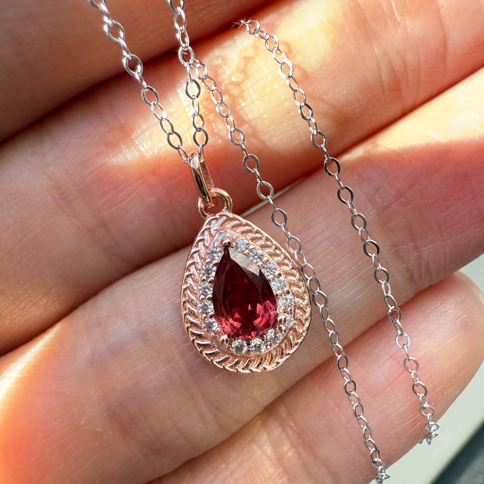 925 Sterling Silver Necklace 6x4mm Natural Garnet Gemstone Zircon Handmade Chain