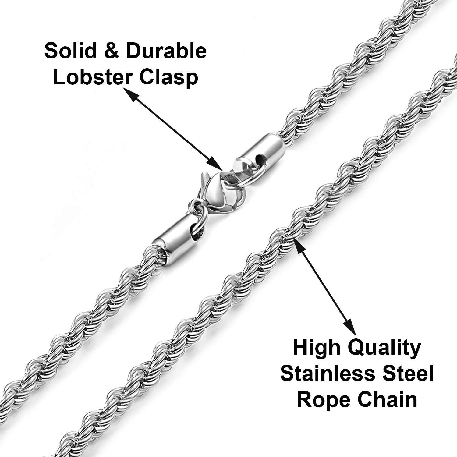 2mm-5mm Stainless Steel Rope Twist Necklace Chain For Men & Women Comes in 16-30