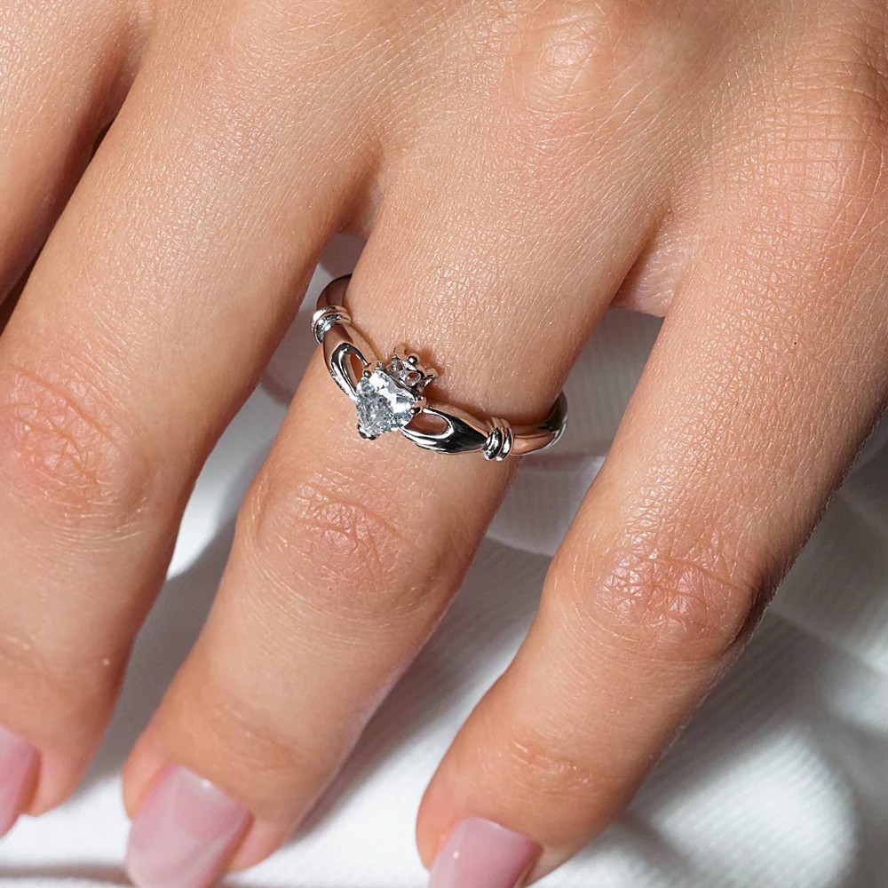 .925 Sterling Silver Rhodium Plated CZ Center Birthstone Claddagh Ring