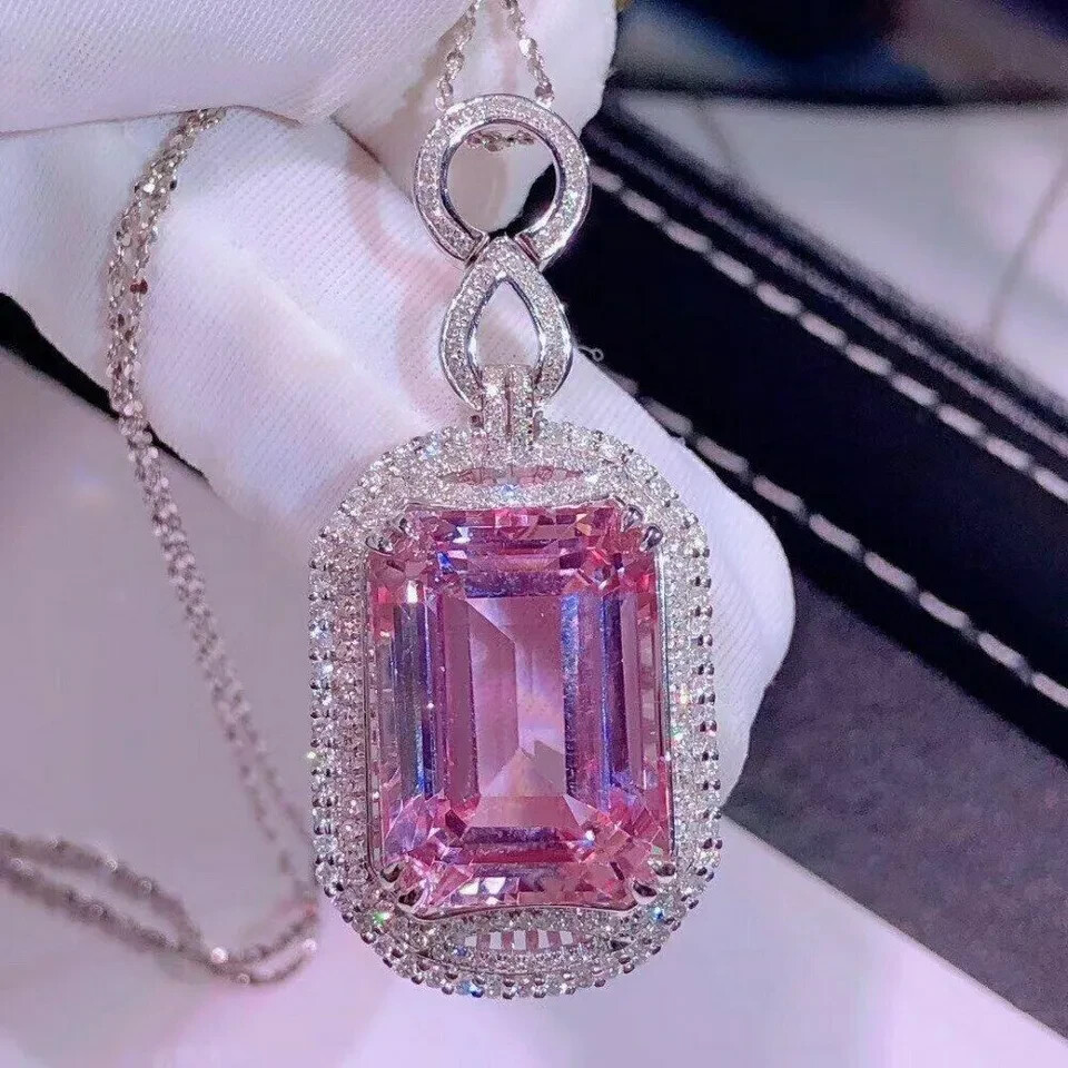 5Ct Emerald Pink Sapphire Cocktail Halo Pendant 14K White Gold Finish Free Chain
