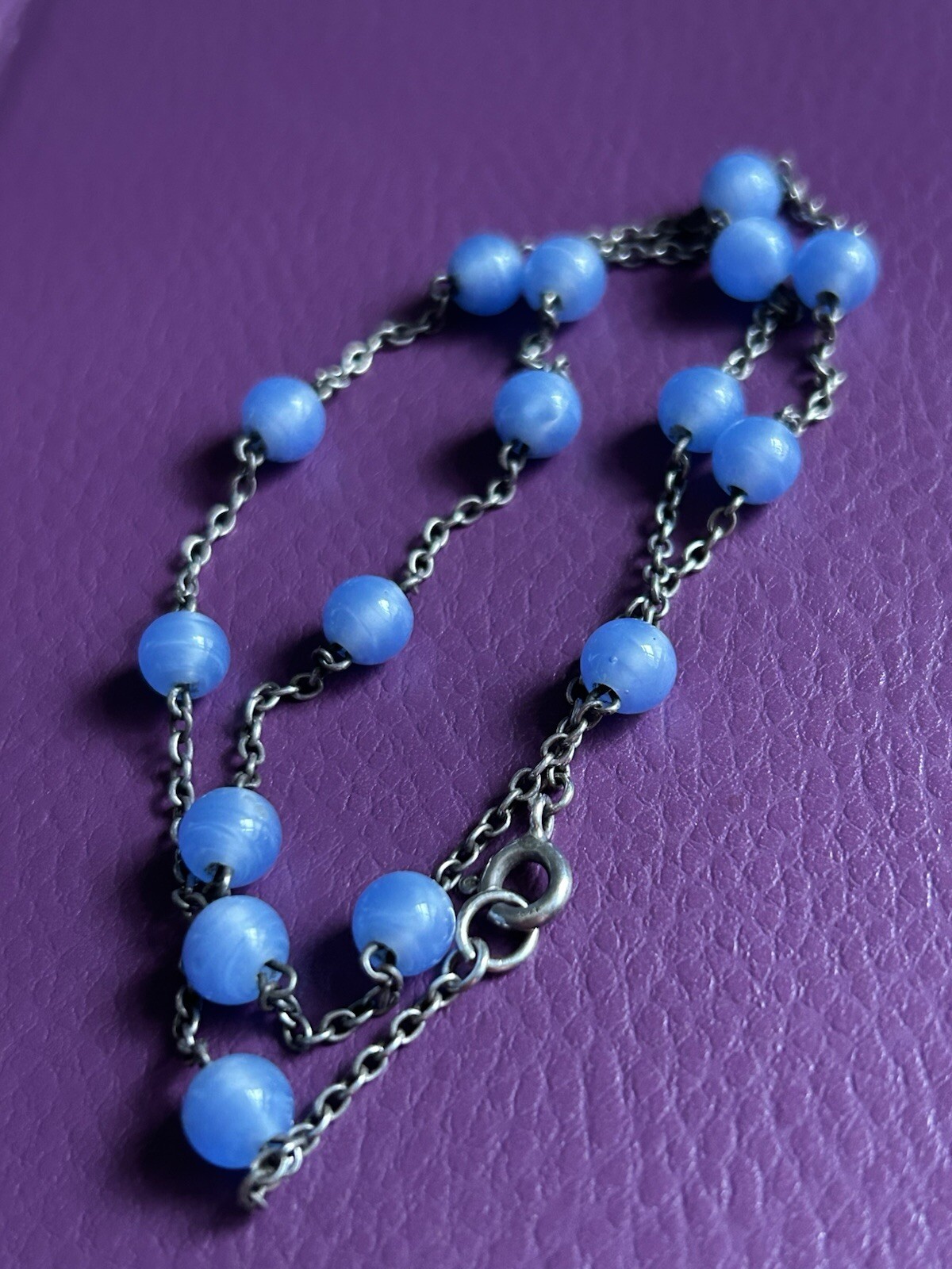 Stunning 925 Silver Chain Necklace. With Opaque Blue Stones / 43cm.