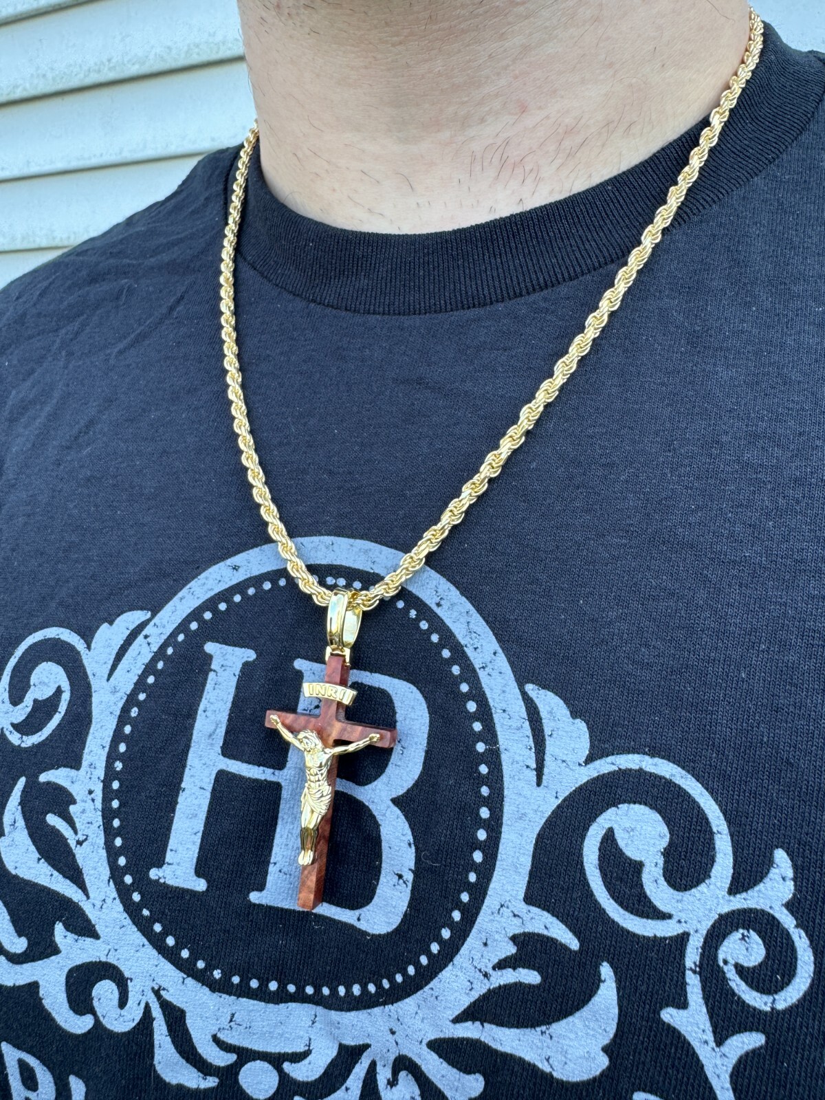 Mens Real 925 Silver & Red Cherry Walnut Wood Jesus On Cross Pendant Necklace 2″