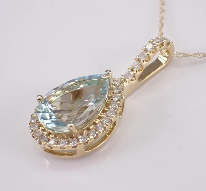 2.00Ct Pear Cut Natural Aquamarine Teardrop Pendant 14K Yellow Gold Plated 18″