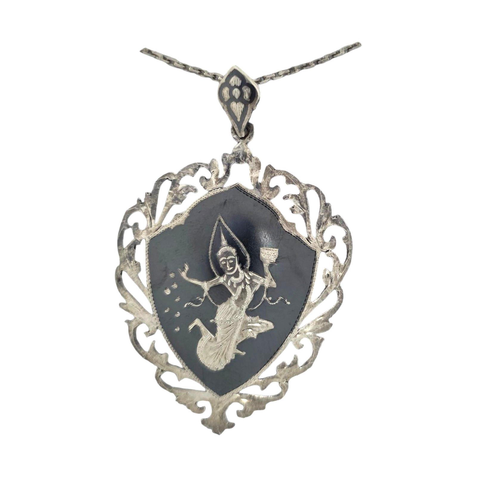 SIAM STERLING SILVER SHIELD PENDANT W/ NIELLO DANCER ON 18″ CHAIN 14GR #2059