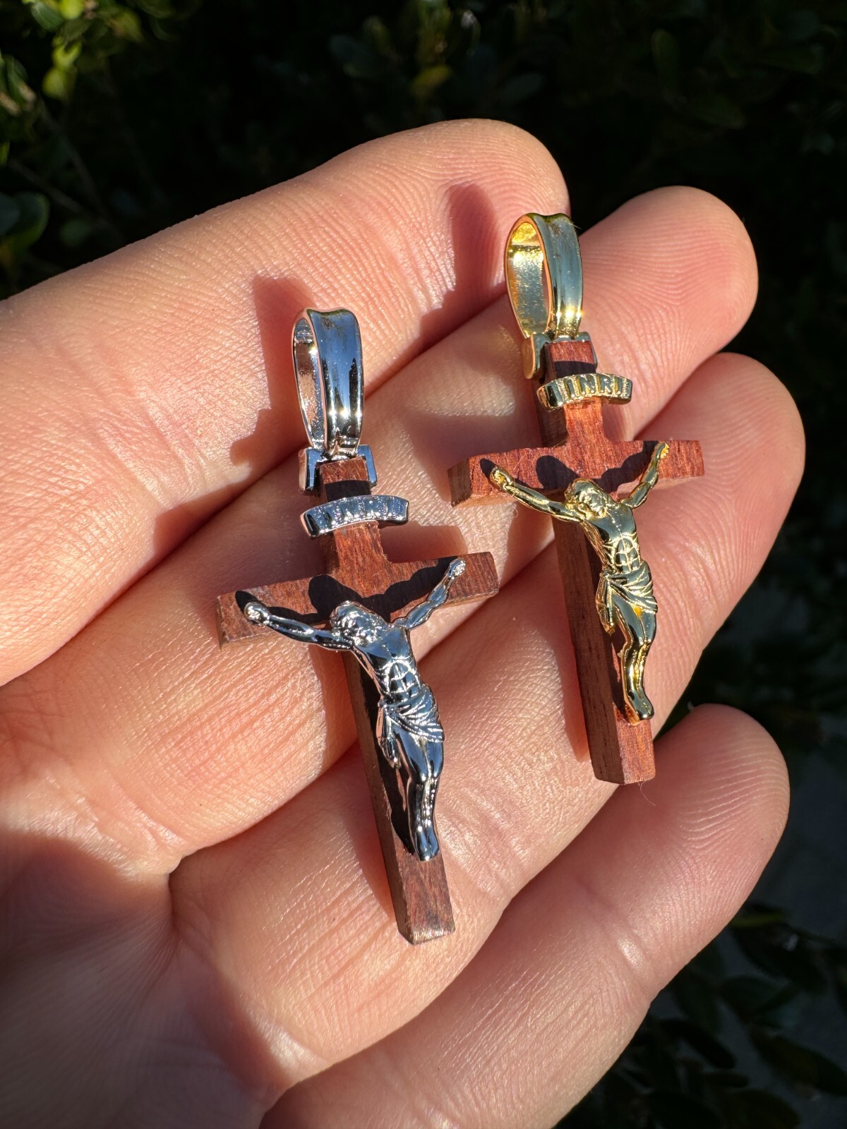Mens Real 925 Silver Red Cherry Walnut Wood Jesus Cross Pendant Necklace 1.25″
