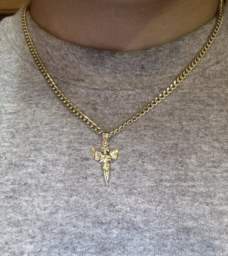 GOLd Angel pendant 10k Solid charm Necklace Baby Pray Small dainty Gift 1″