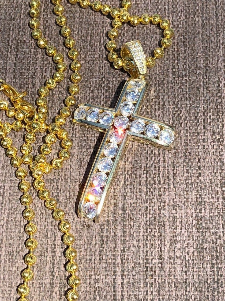 14k Gold Plated Real Solid 925 Silver Channel Set Cross CZ W. Chain Men’s ICY