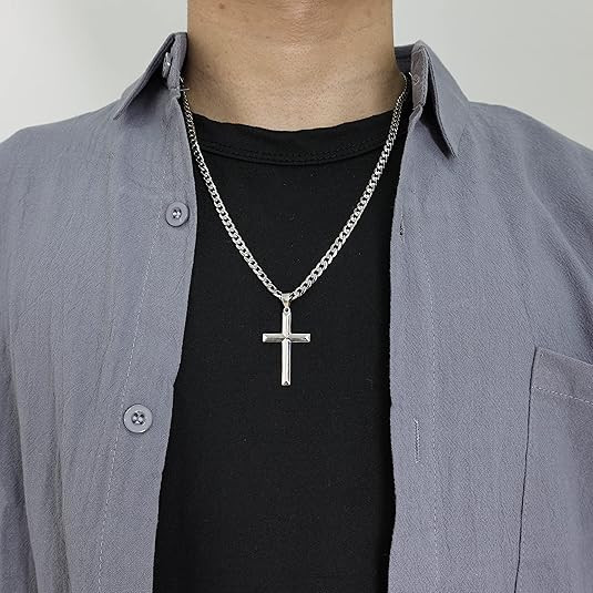 925 Silver Cuban Chain Cross Pendant Necklace for Men and women, 20-24in