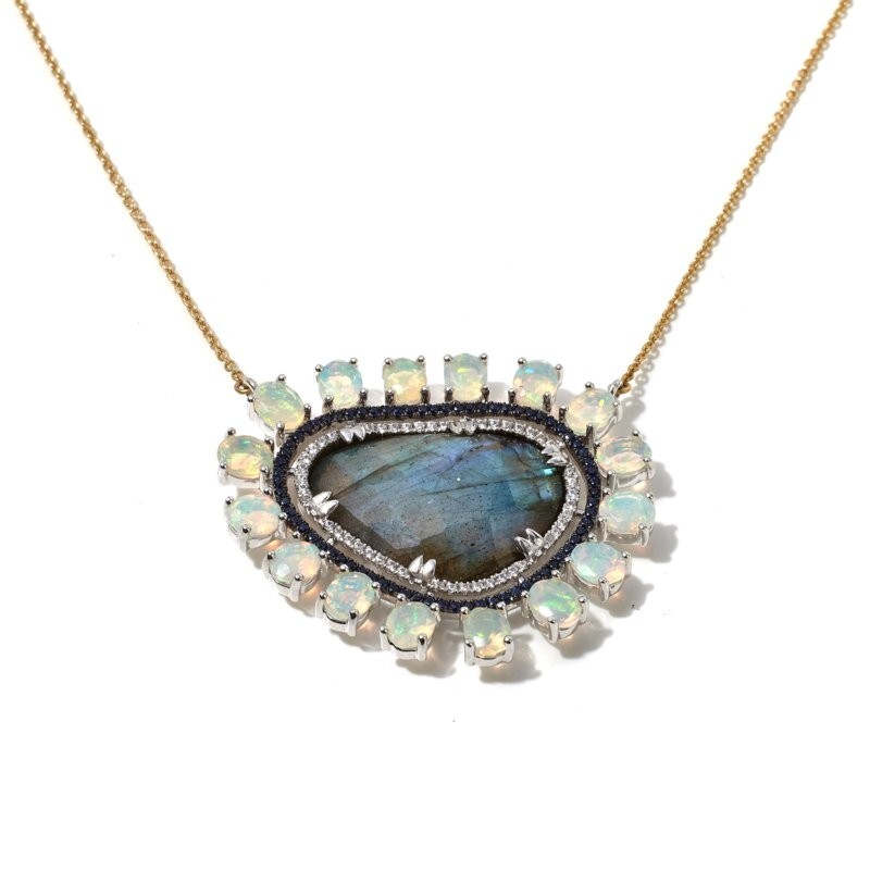 Womens Unique Labradorite & Opal Sterling Silver Necklace, Goldtone, New