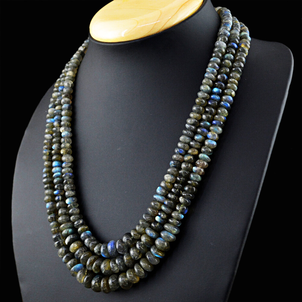 574.00 Cts Earth Mined 3 Strand Labradorite Rondelle Beaded Necklace JK 51KY6