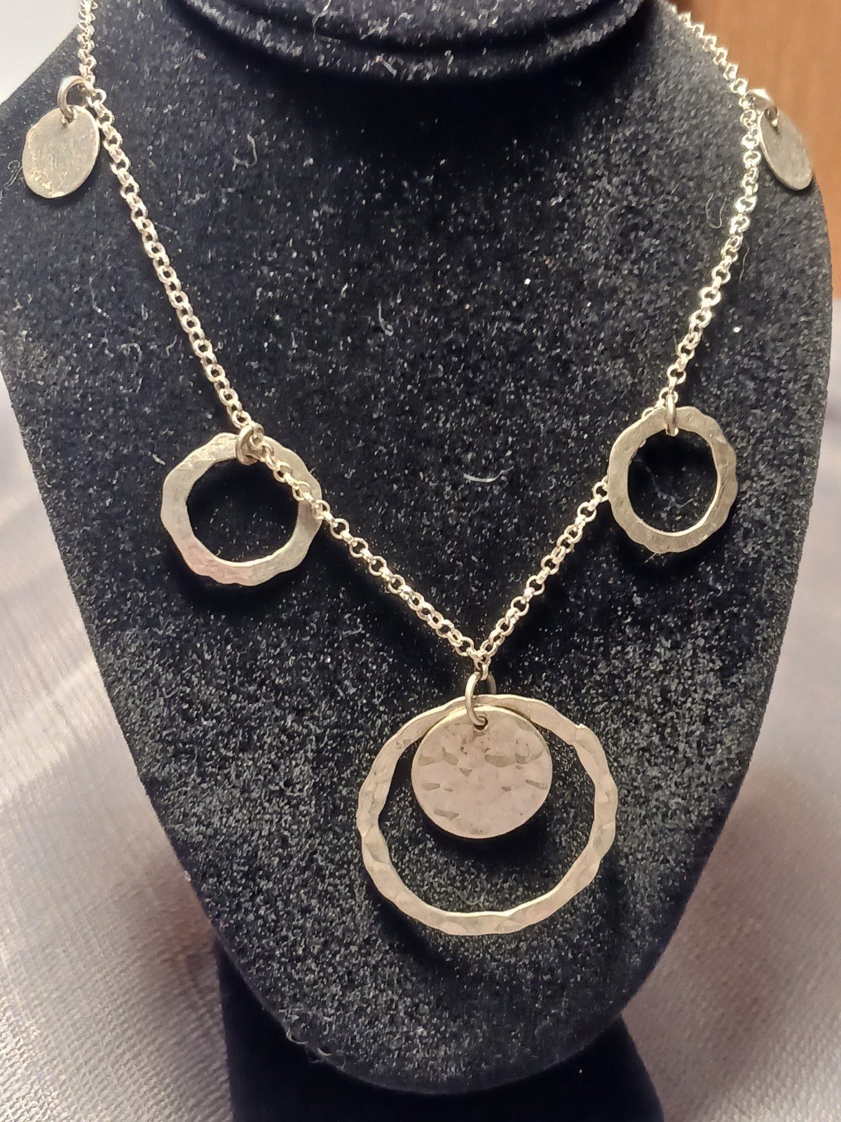 Sterling Silver Hammered Circle Charm Statement Necklace ~22in