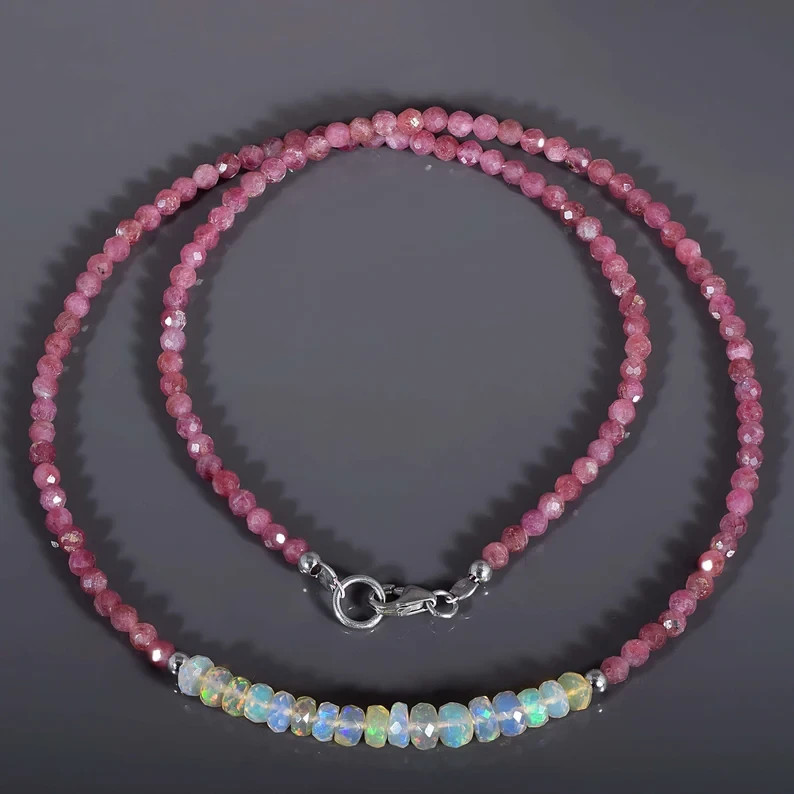 Natural Welo Fire Opal Pink Tourmaline Beaded Necklace 925 Silver 18 in Handmade
