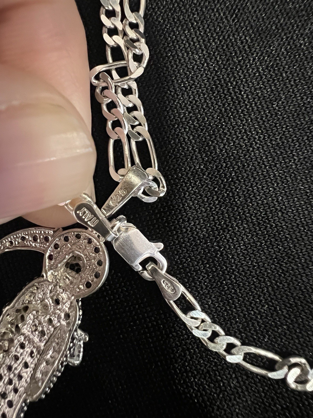 925 Sterling Silver Small Stones Santa Muerte Grim Reaper Figaro Chain 20 22 24