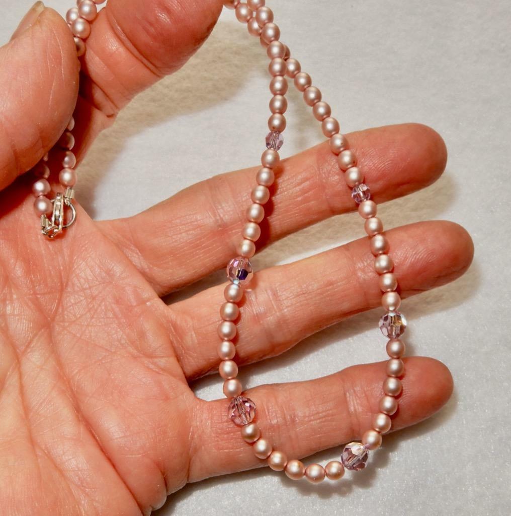 Light Lavender Crystal Pearl and Crystal 16-1/2 Inch Necklace .925 Silver Clasp