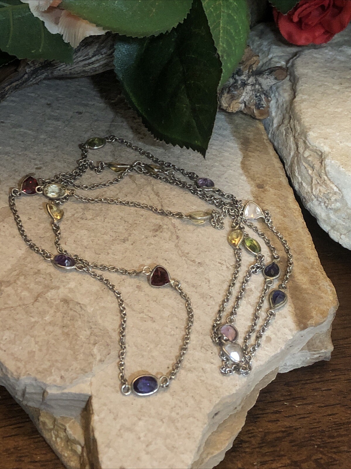 19.925 Sterling Geometric Multi color Bezel set Crystal Chain Necklace 36″ 10.7g