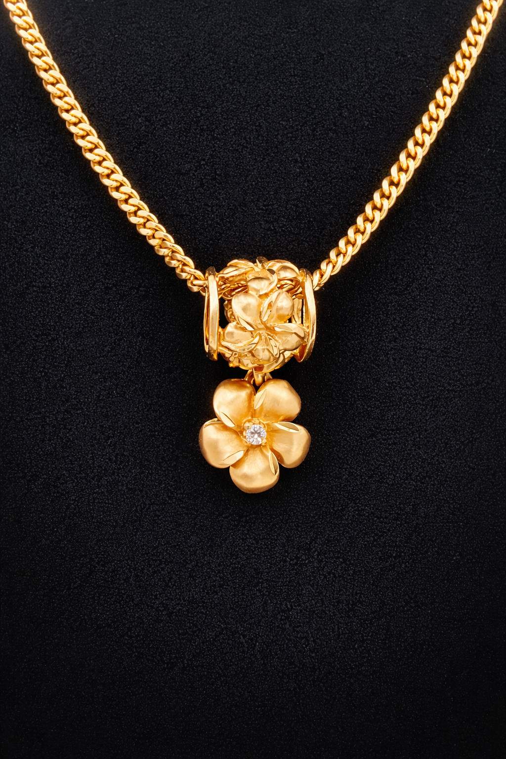 14k Solid Gold Plumeria Flower Dangle Pendant Barrel With Diamond Center