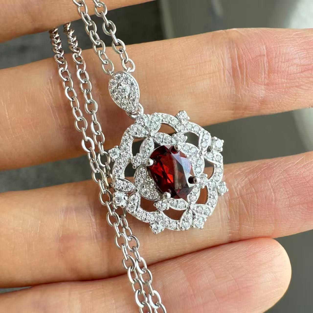 925 Sterling Silver Necklace 7x5mm Natural Garnet Gemstone Zircon Handmade Gift