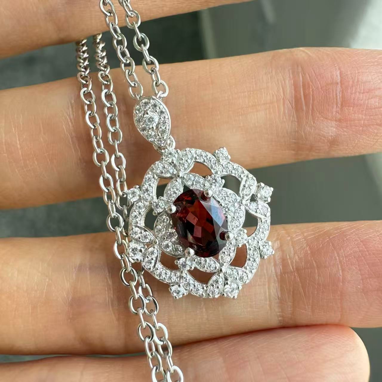 925 Sterling Silver Necklace 7x5mm Natural Garnet Gemstone Zircon Handmade Gift