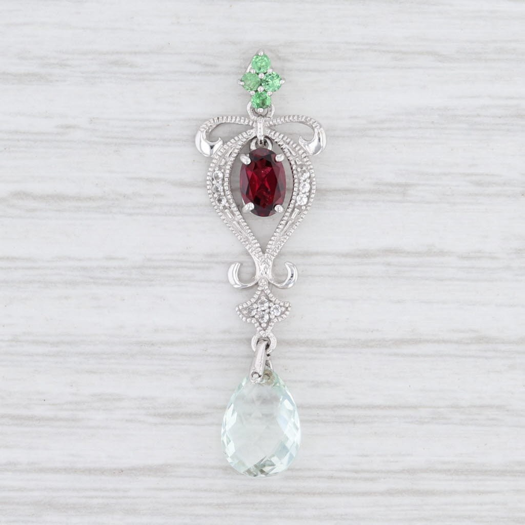 New Green Amethyst Briolette Tsavorite Garnet White Sapphire Pendant 10k Gold