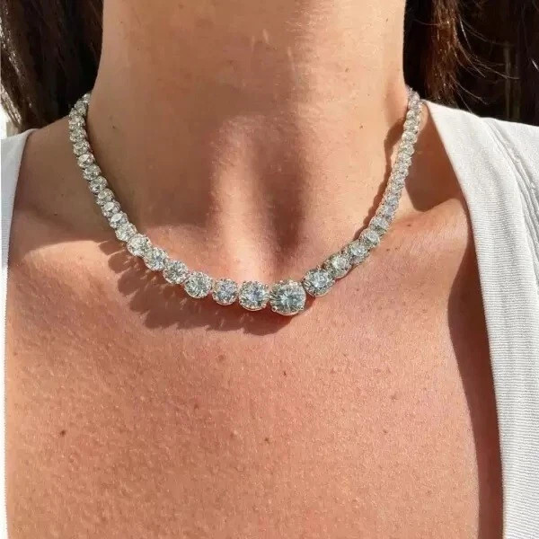 76 Ct Real Moissanite Round Cut Diamond Tennis Necklace 14k White Gold Plated