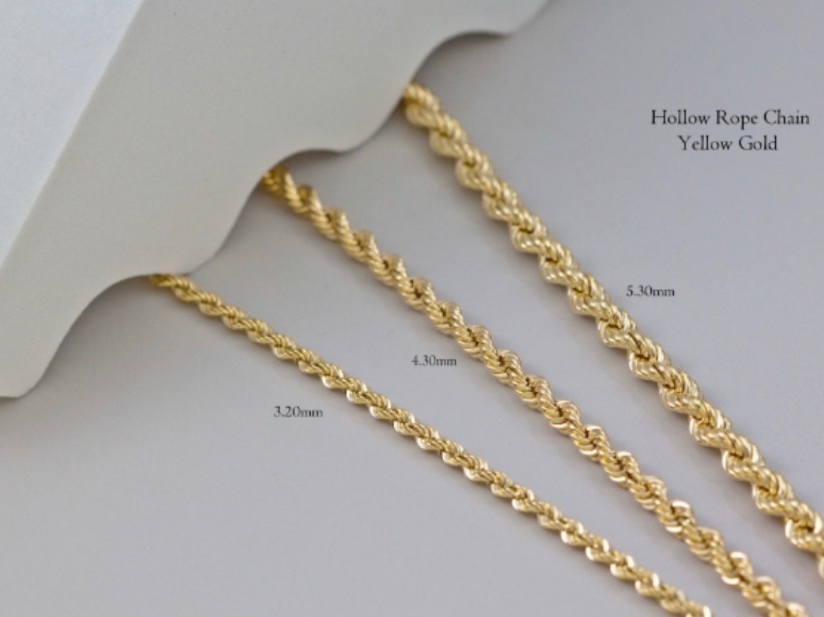10K GOLD 5.30MM HOLLOW ROPE CHAIN 22 INCHES 12G