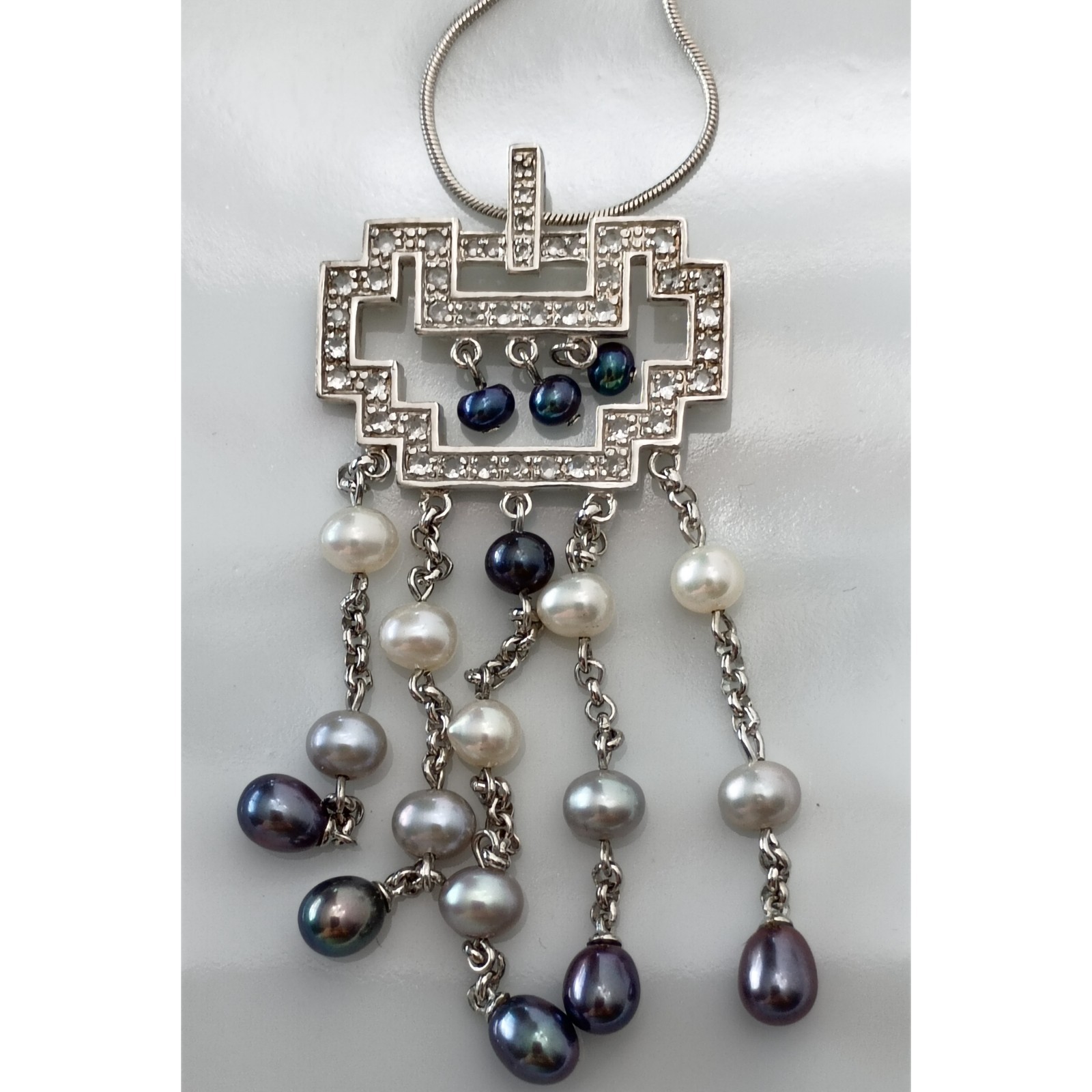 925 Sterling Silver & Pearl Deco Style Dangle Pendant Necklace 19″