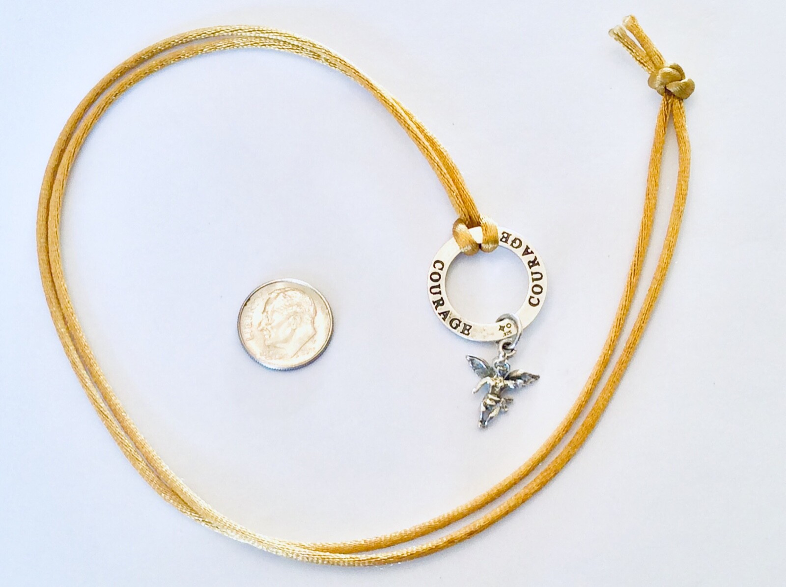 NWOT ~ STERLING SILVER ~ Courage Angel ~ Gold Silk Satin Cord ~ 27” Necklace