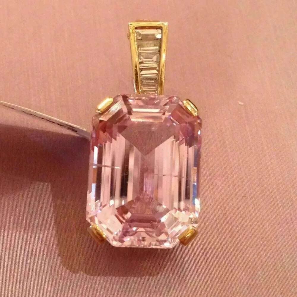 4ct Pink Sapphire Lab Created Baguette Cut Diamond Pendant 18k Yellow Gold Over