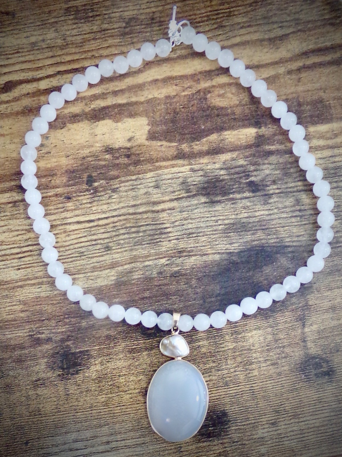 White Jade Necklace with Large Moonstone Pendant and Matching Bracelet, Handmade