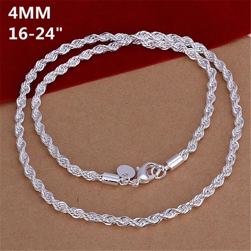 “4mm Diamond Cut Solid 925 Sterling Silver Italian Rope Chain Necklace for Men