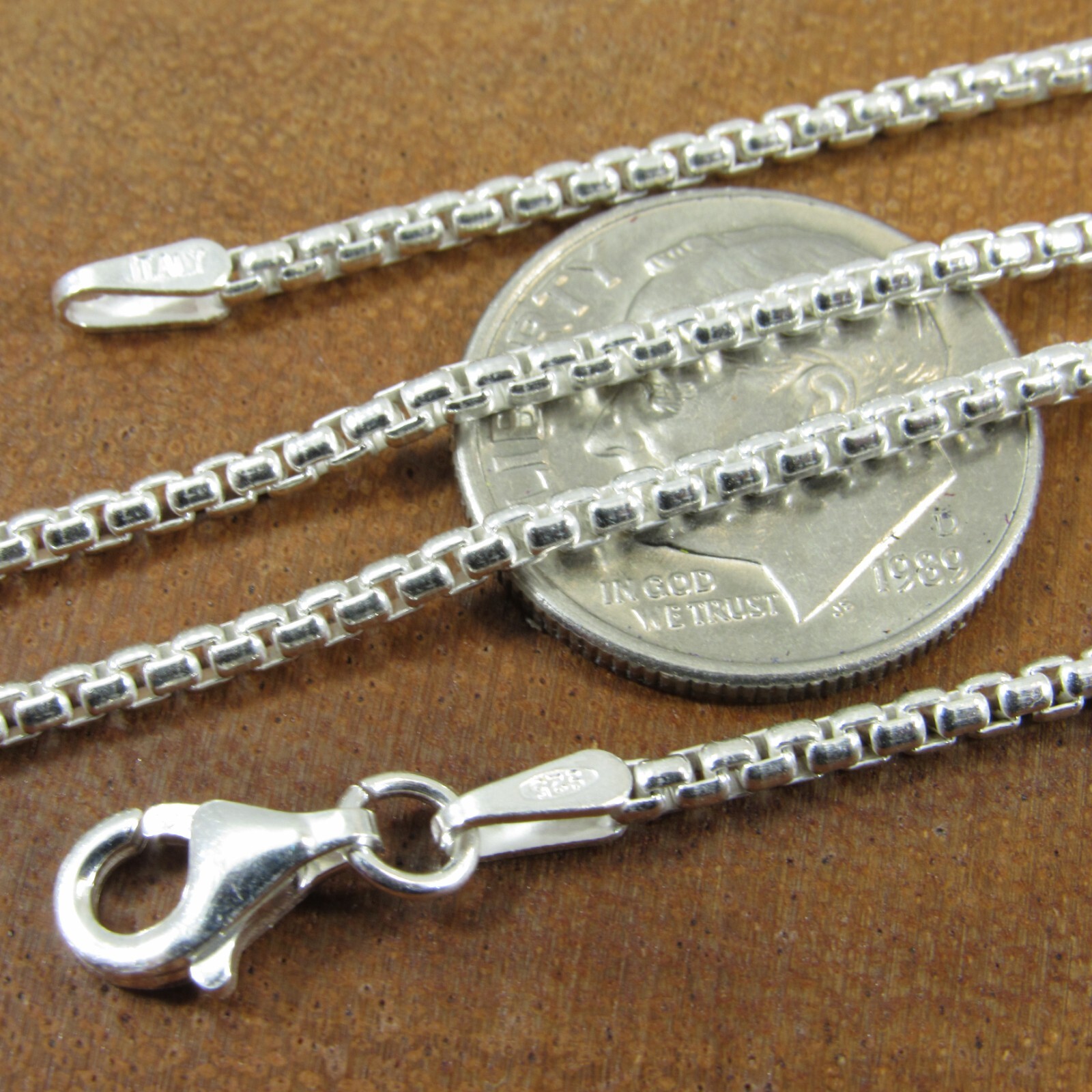 1.8MM Solid 925 Sterling Silver Italian Unisex Round Box Chain Rounded Necklace