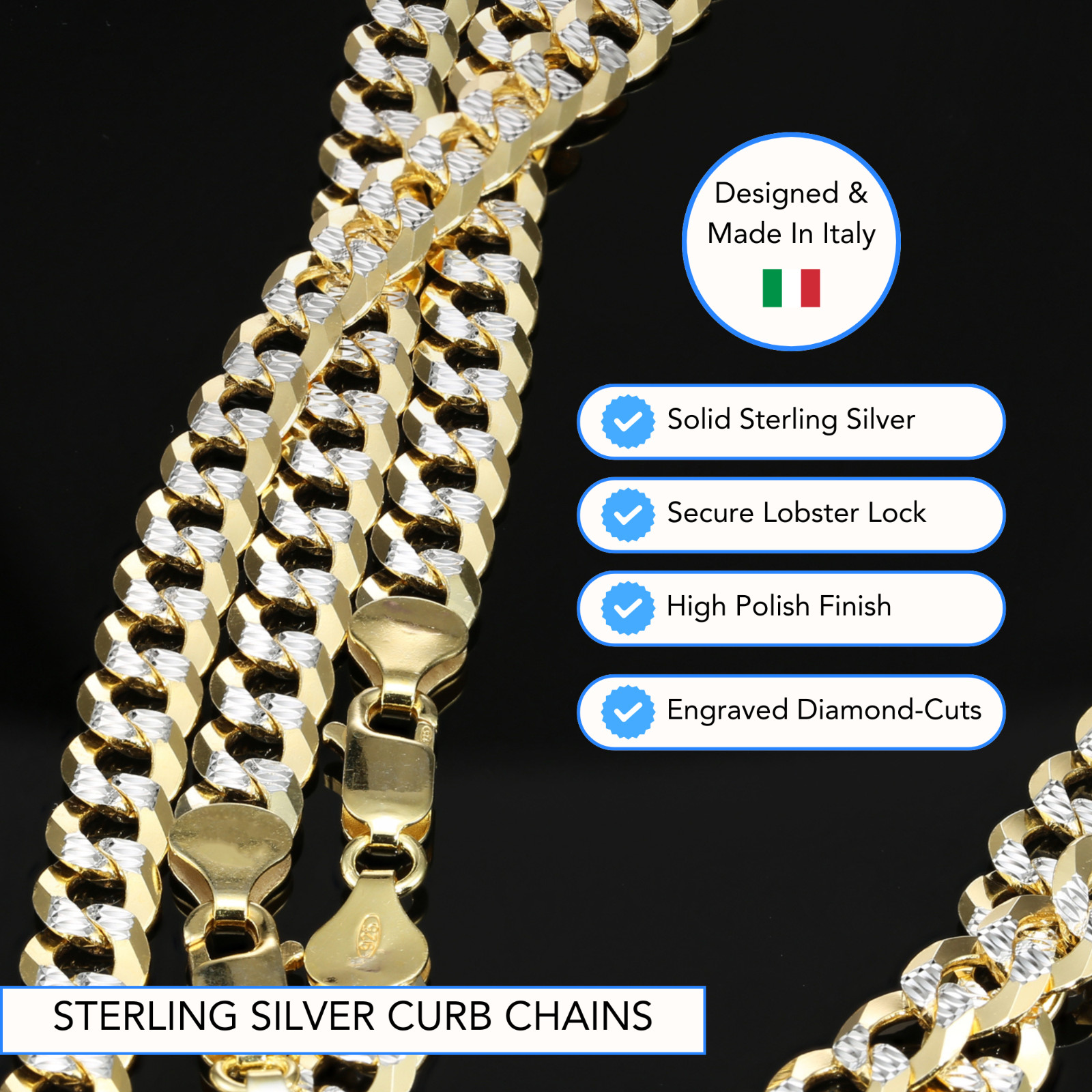 Two-Tone Gold 4mm-7.5mm Curb Chain Italian Necklace 18″-26″ 925 Sterling Silver