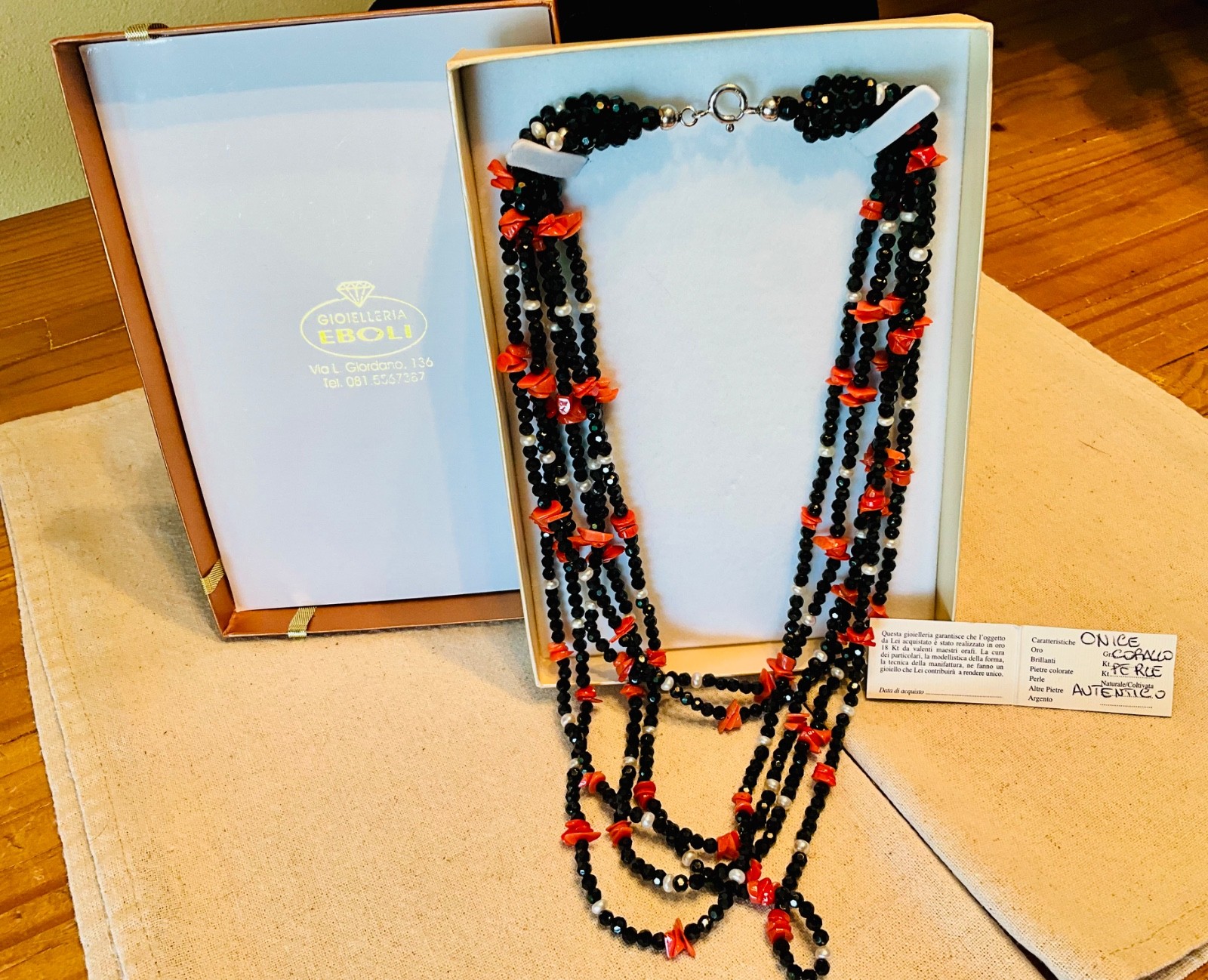 Fine Italian Onyx Coral Pearl Sterling Silver Necklace New Original box w/GTD