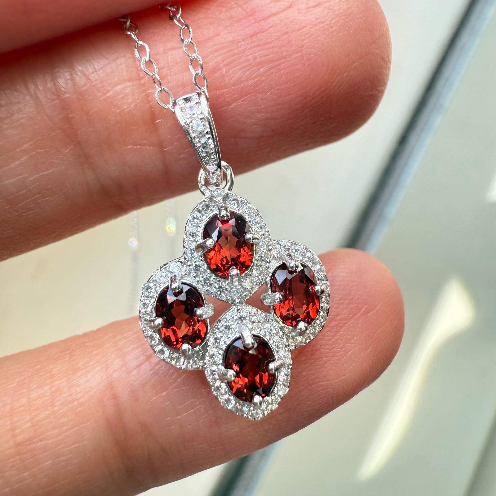 925 Sterling Silver Necklace 4x3mm Natural Garnet Gemstone Zircon Flower Chain