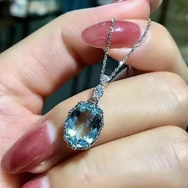 2.00Ct Oval Cut Aquamarine Solitaire Pendant 14K White Gold Finish Free Chain