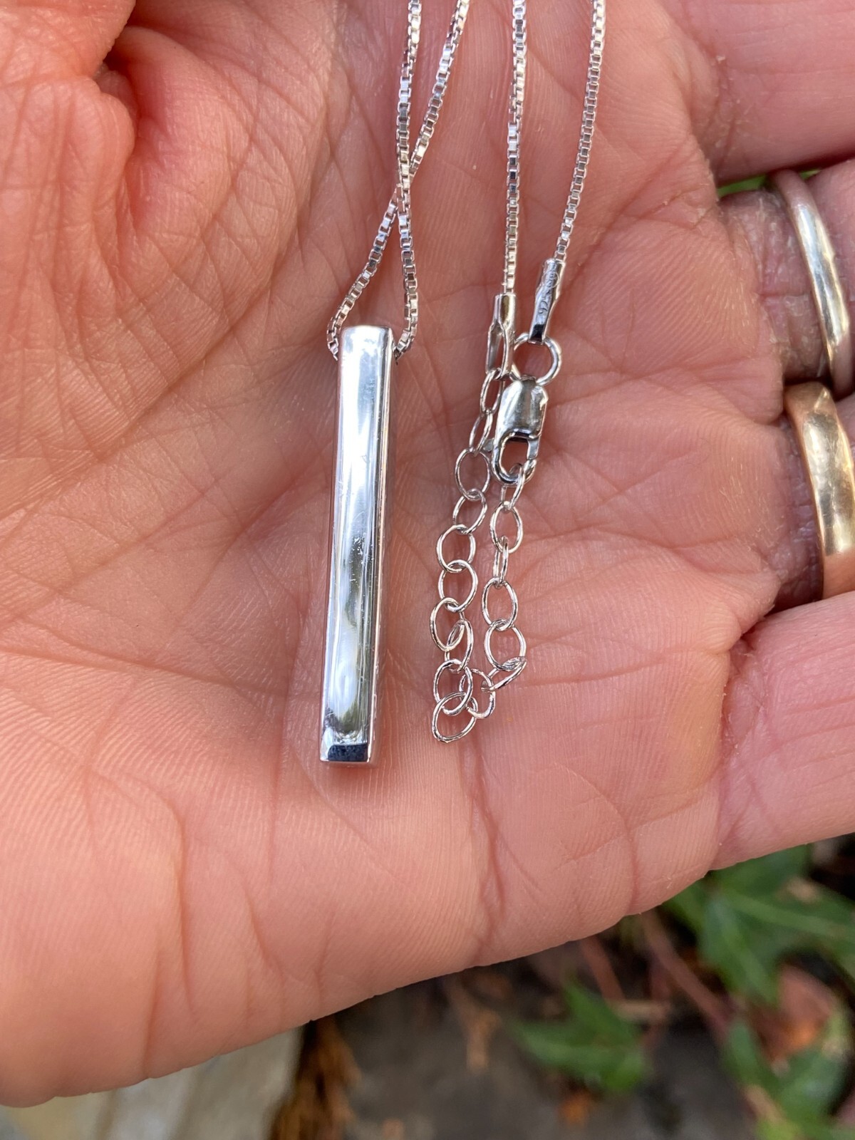 925 Sterling Silver Drop Down Bar Necklace 3D Vertical Rhodium 18″ Adjustable