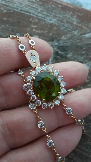 3Ct Oval Simulated Green Peridot Halo Pendant 14K Yellow Gold Plated Silver 18″