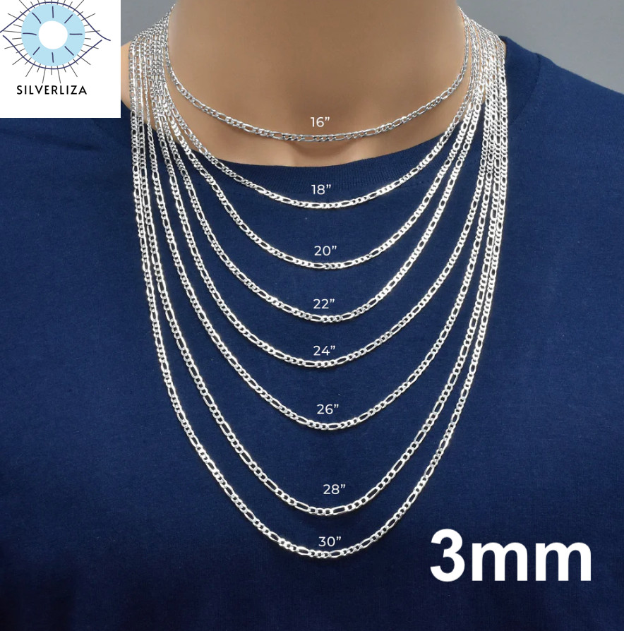 Sterling Silver Men’s Women’s Figaro Solid Chain Bracelet or Necklace 925 Italy