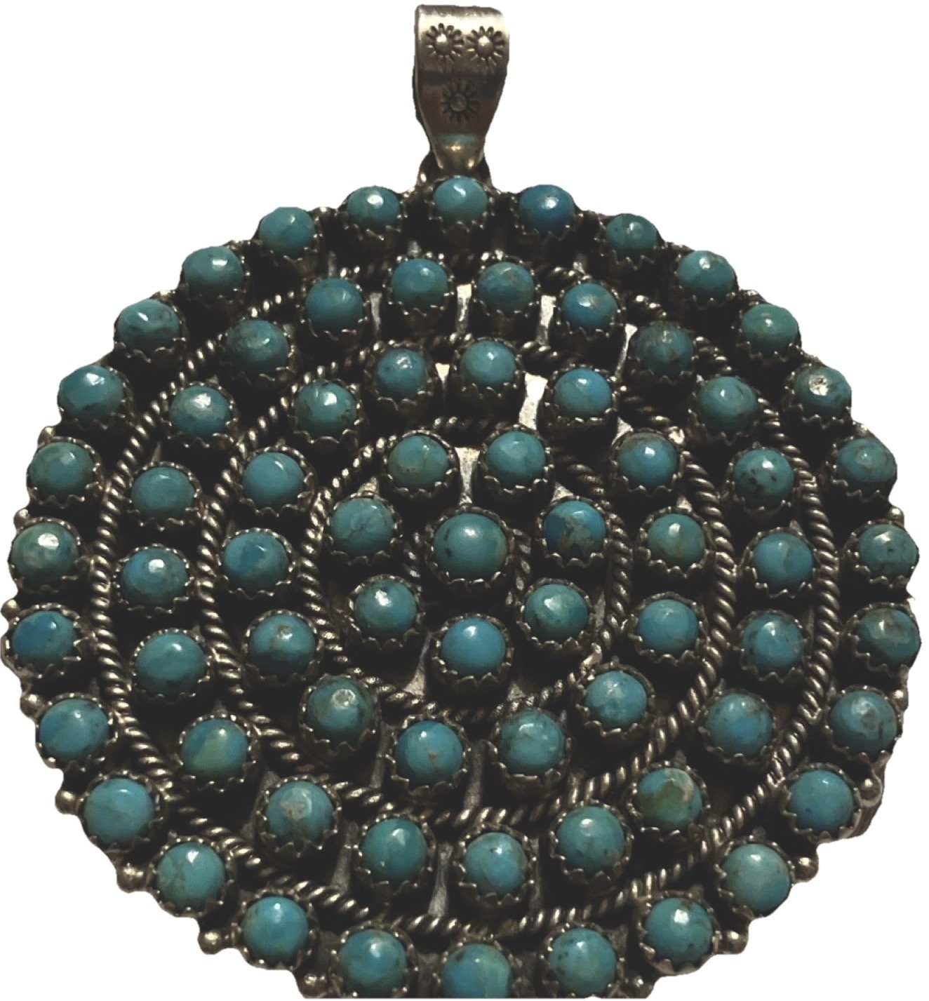 Kingman Turquoise Navajo Made Round Cluster Pendant 2.25″ 44g Sterling 925