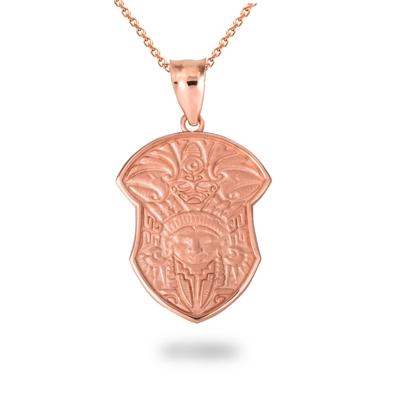 Solid Gold Aztec Tribe Shield Pendant Necklace (Available in Yellow/Rose/White)