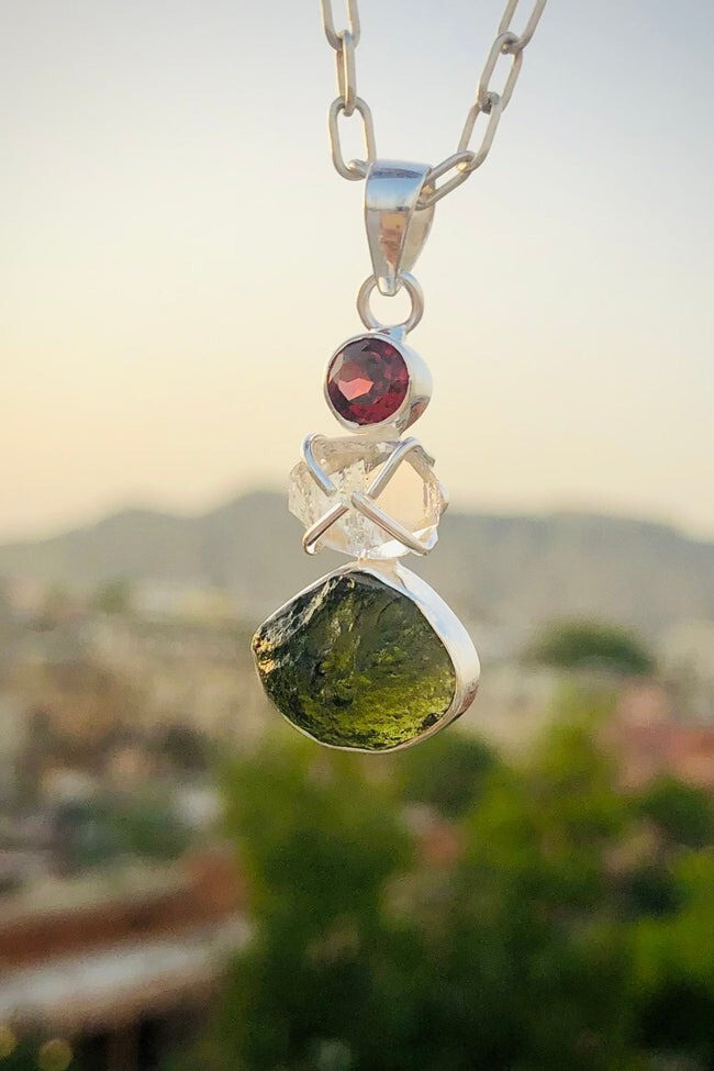 Czech Moldavite, Herkimer Diamond & Garnet 925 Sterling Silver Women Pendant