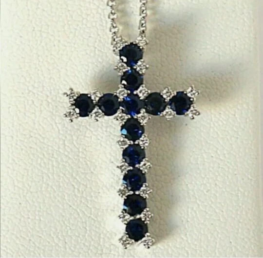 2Ct Round Cut Lab Created Blue Sapphire Cross Pendant 14K White Gold Plated
