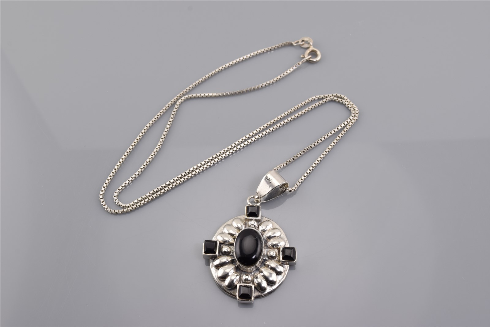 Sterling Silver 33mm x 28mm Black Onyx Accented Shield 925 Pendant 20″ Chain