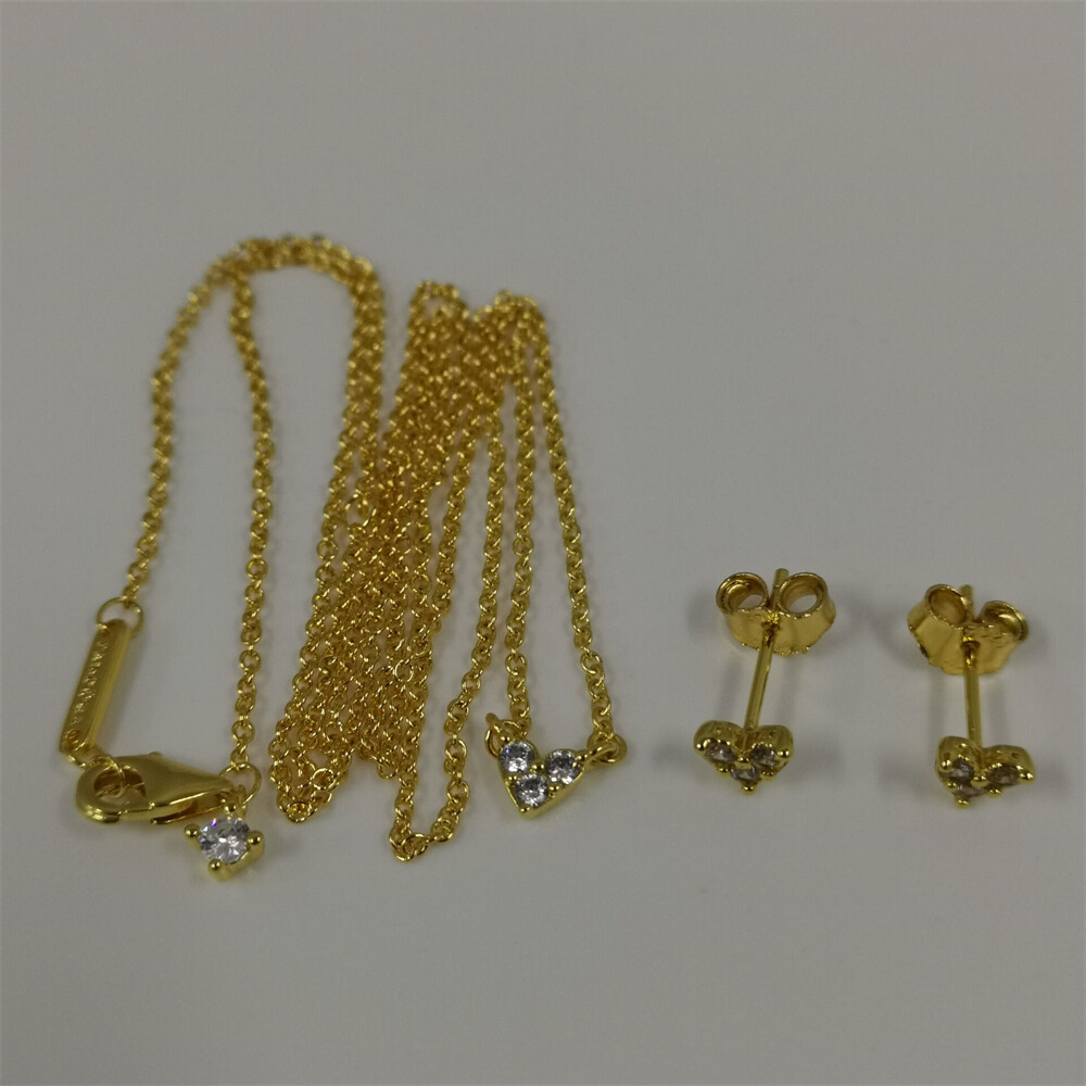 pandora Golden Triple Stone Heart Necklace and Earrings Set 45cm